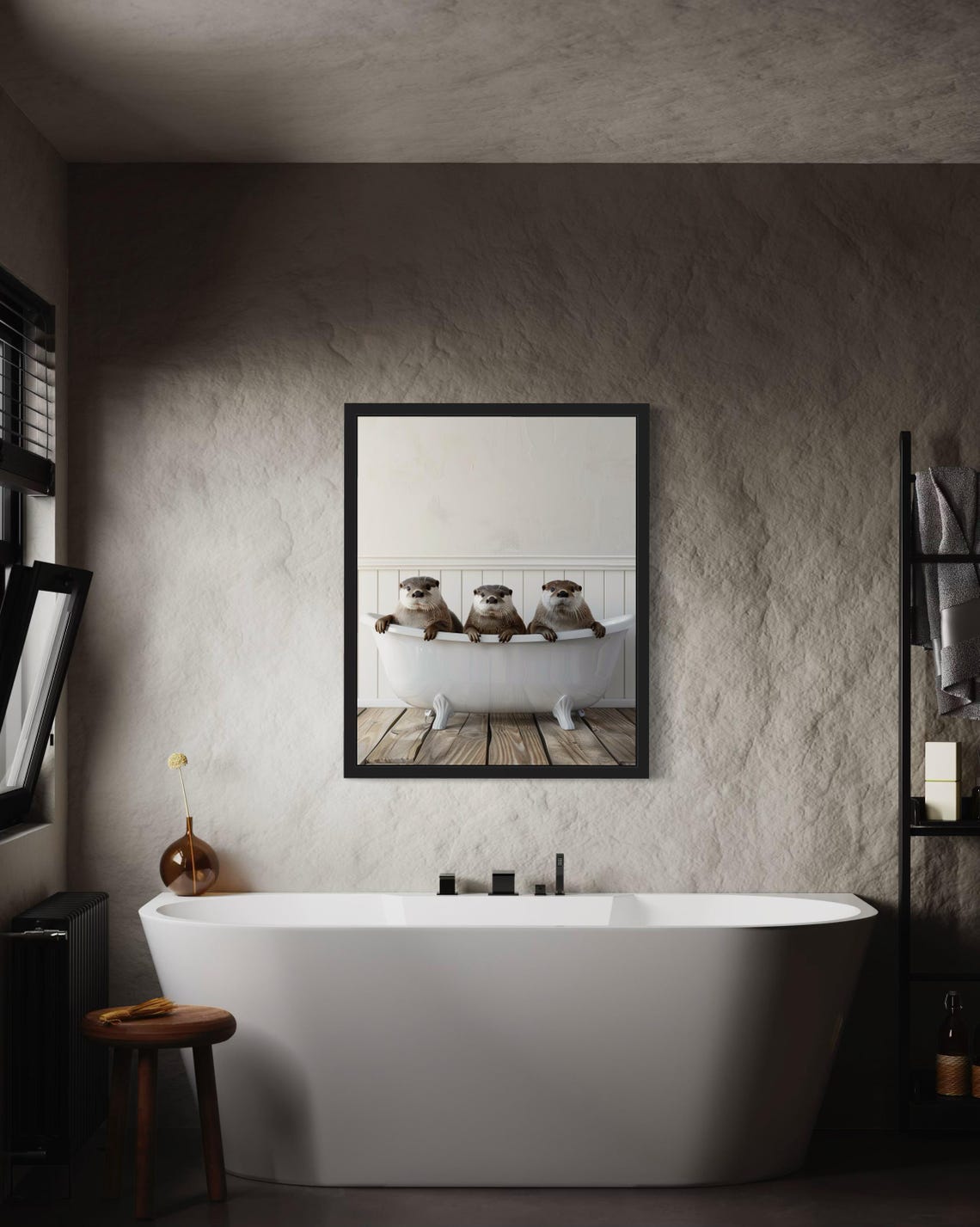 Three Otters Peeking Over a White Clawfoot Bathtub Photo Poster - Image 4