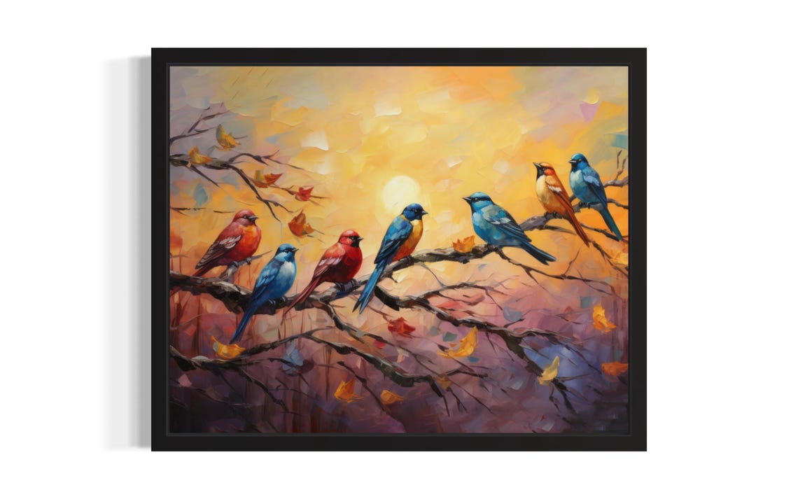 Colorful Songbirds Perched on Branches at Sunset Painting Poster