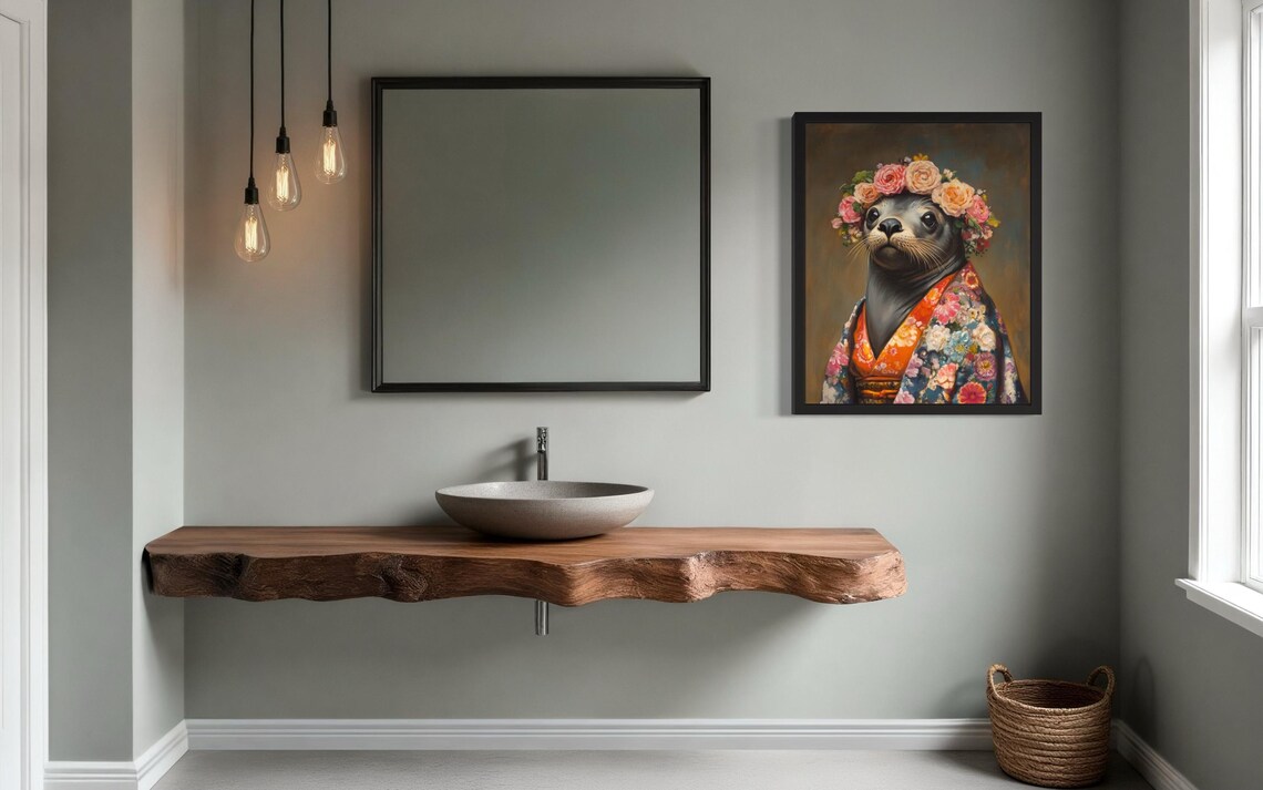 Sea Lion Wearing Rose Flower Crown and Floral Kimono Art Poster - Image 2