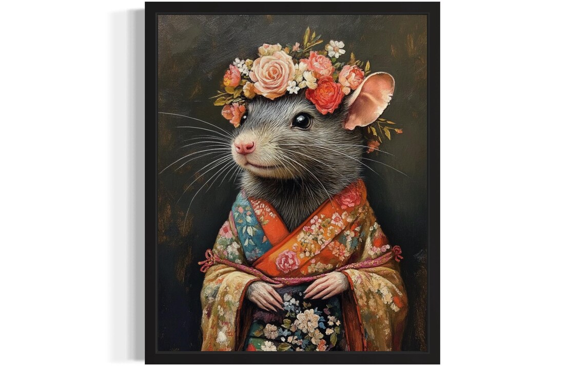 Whimsical Rat Kimono Flower Crown Baroque Portrait Funny Animal Poster
