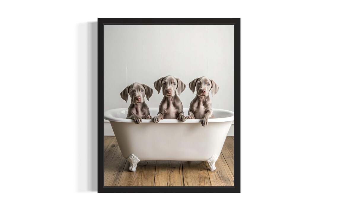 Three Weimaraner Puppies in Bathtub Cute Dog Portrait Photo Poster