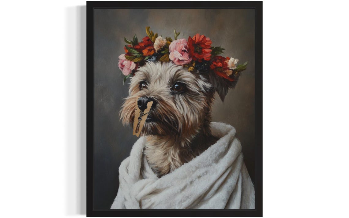 Flower Crown Puppy In Towel Funny Spa Day Dog Portrait Poster
