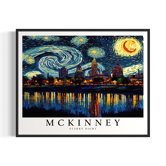 McKinney Texas Starry Night Skyline Lake Water Reflection Night Art Poster