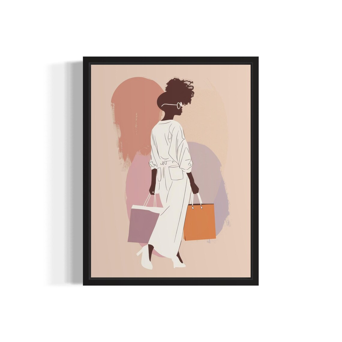 Black Woman Shopping Bags Fashion Illustration Blush Modern Art Poster