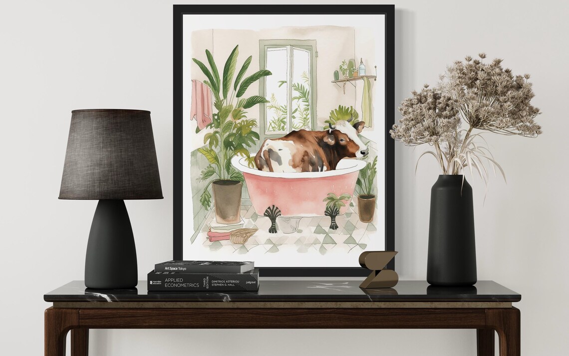 Brown Cow Resting in a Pink Clawfoot Tub Watercolor Bathroom Poster - Image 4