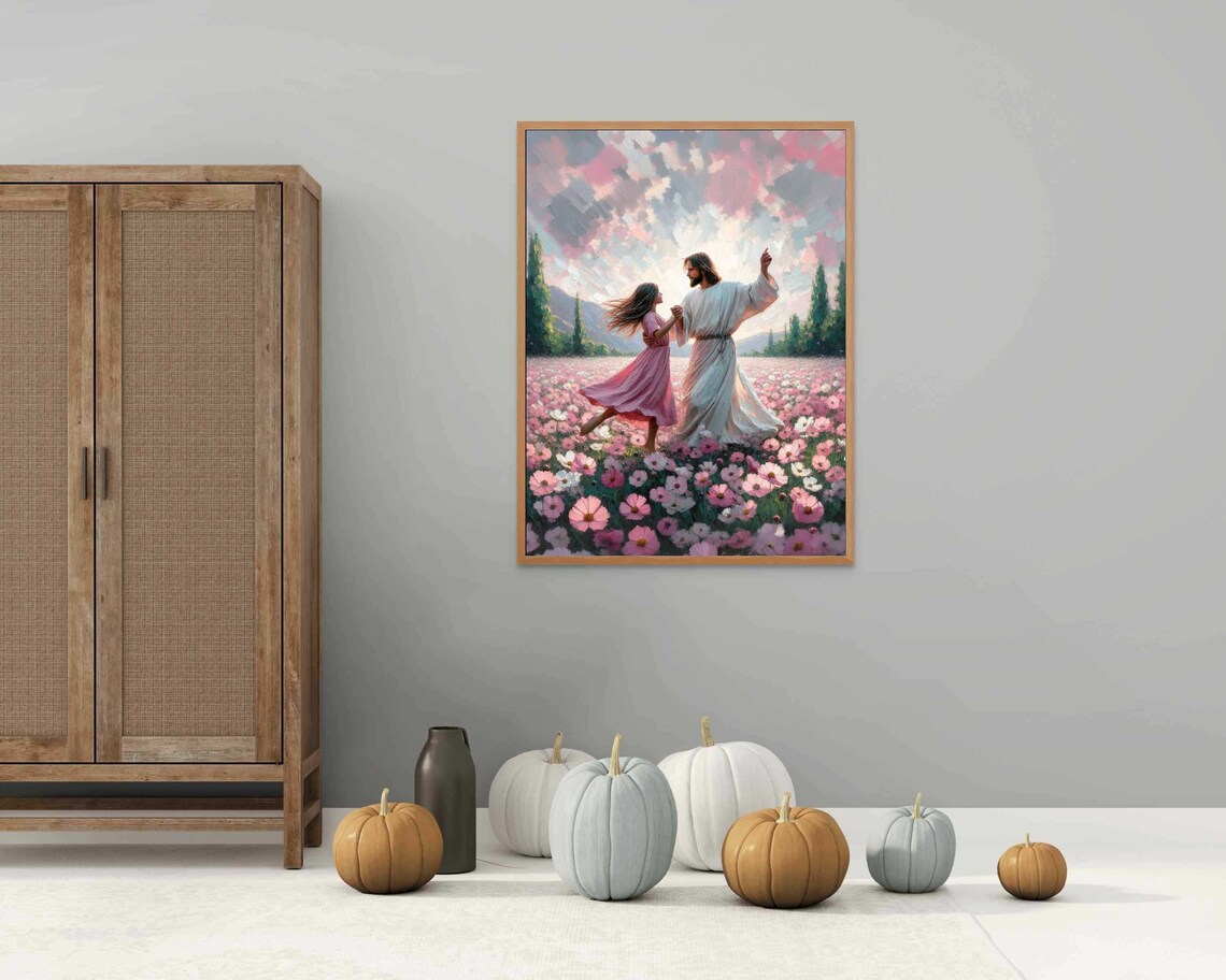 Jesus Dancing With Little Girl Flower Meadow Sunset Joyful Christian Poster - Image 6