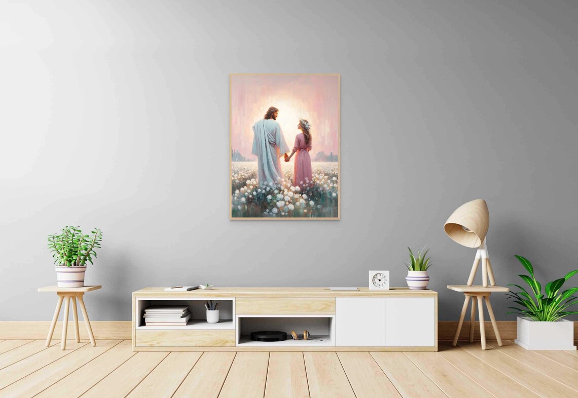 Jesus Holding Hands Woman White Flower Field Sunrise Moment Christian Poster - Image 5