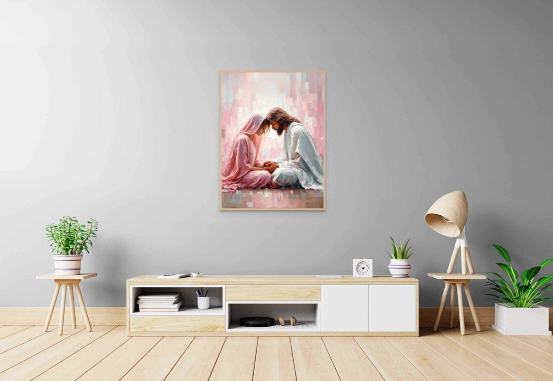 Jesus Sitting With Veiled Woman in Soft Pink Prayer Art Poster - Image 7