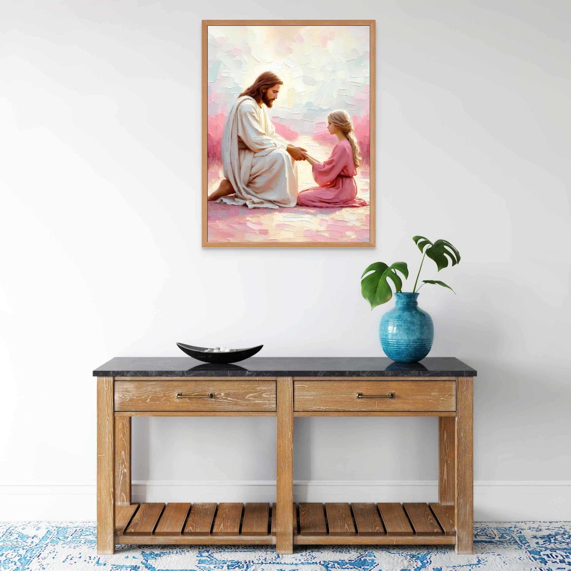 Jesus Kneeling Hand in Hand With Girl in Pink Soft Pastel Art Poster - Image 7