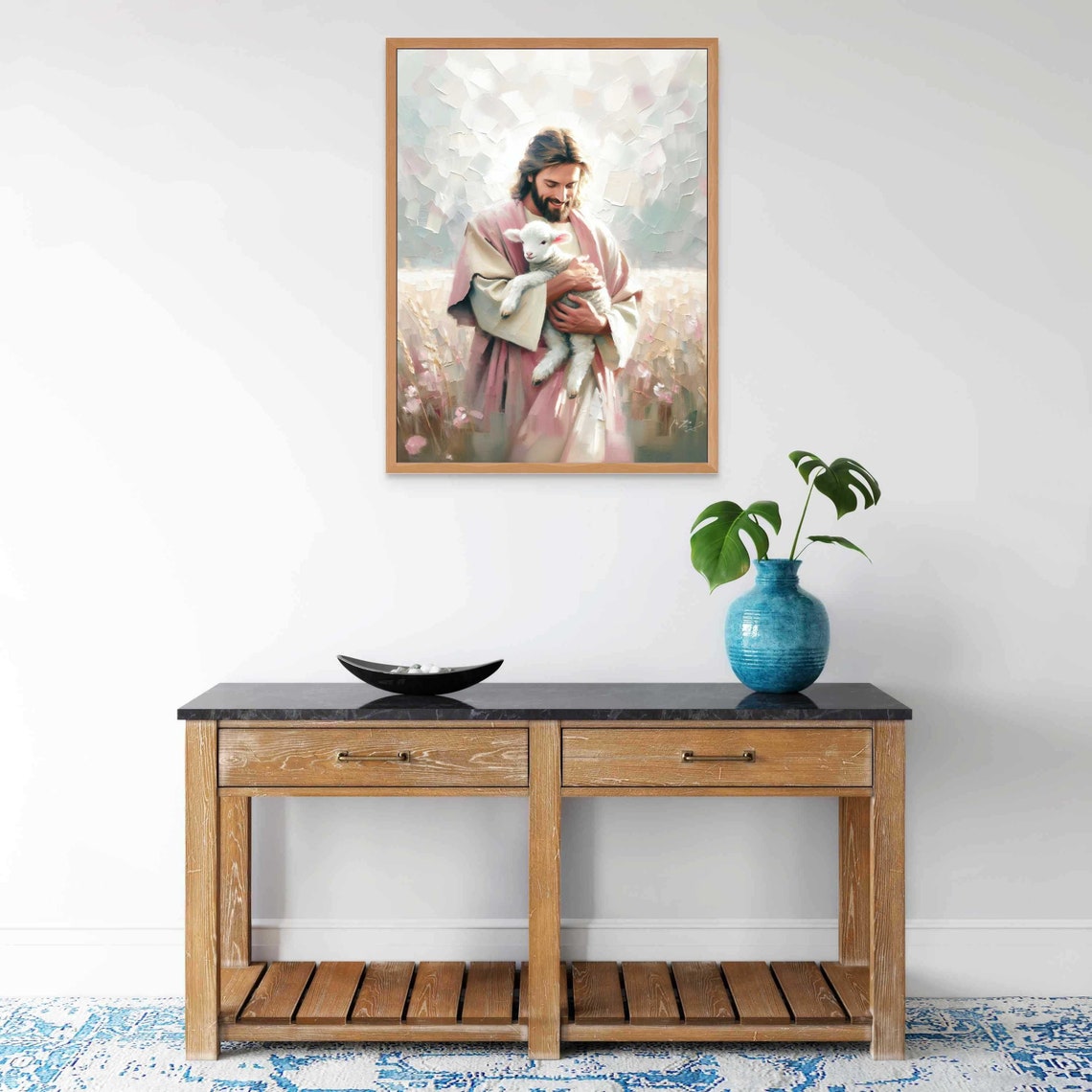 Jesus Standing in Flower Field Holding Lamb Pink Robe Art Poster - Image 5