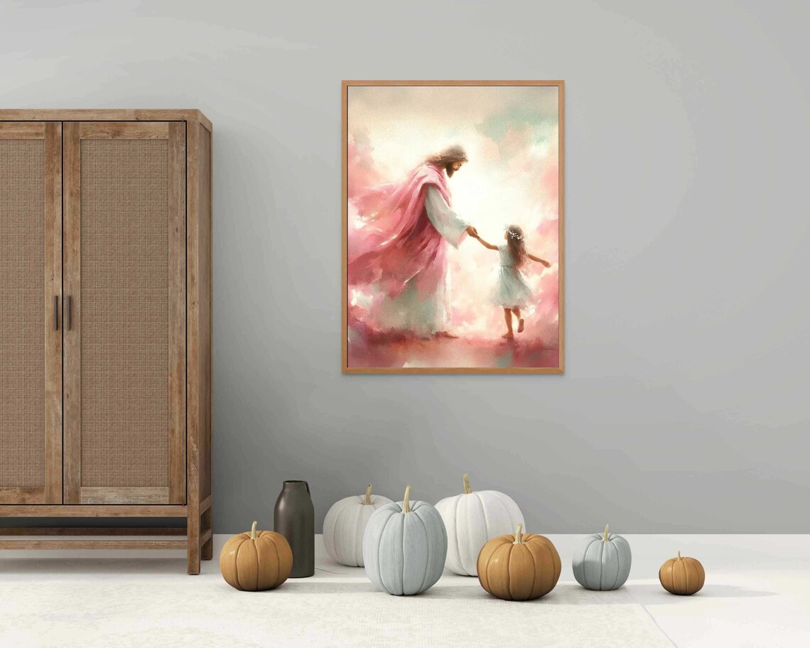Jesus Dancing With Little Girl in Pink Clouds Joyful Art Poster - Image 5