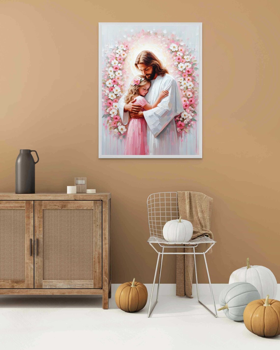 Jesus Hugging Girl Floral Heart Arch Pink White Flowers Christian Poster