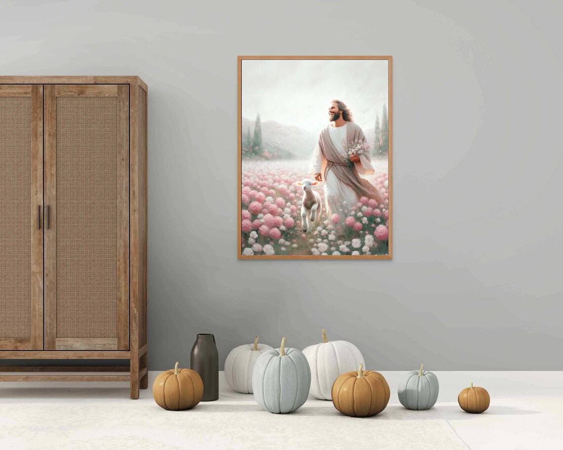 Jesus Good Shepherd Smiling Lamb Pink Flower Field Mountain Christian Print - Image 4