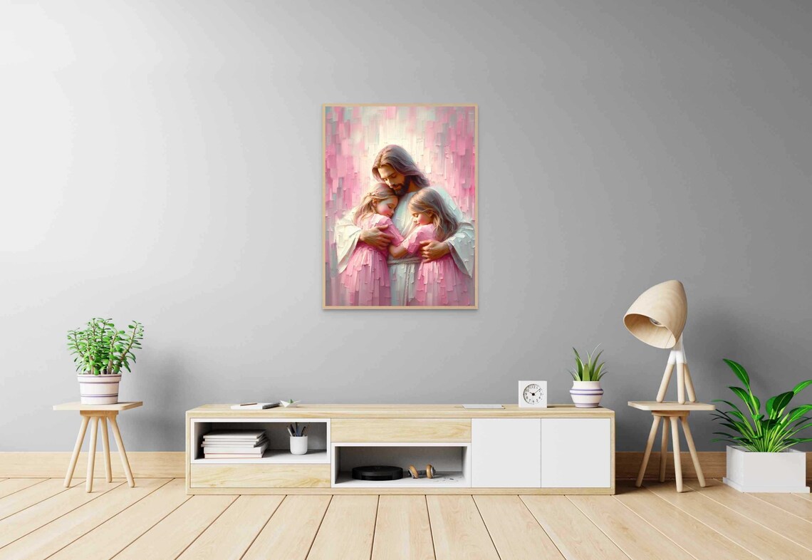 Jesus Hugging Two Little Girls in Soft Pink Impasto Christian Poster - Image 6