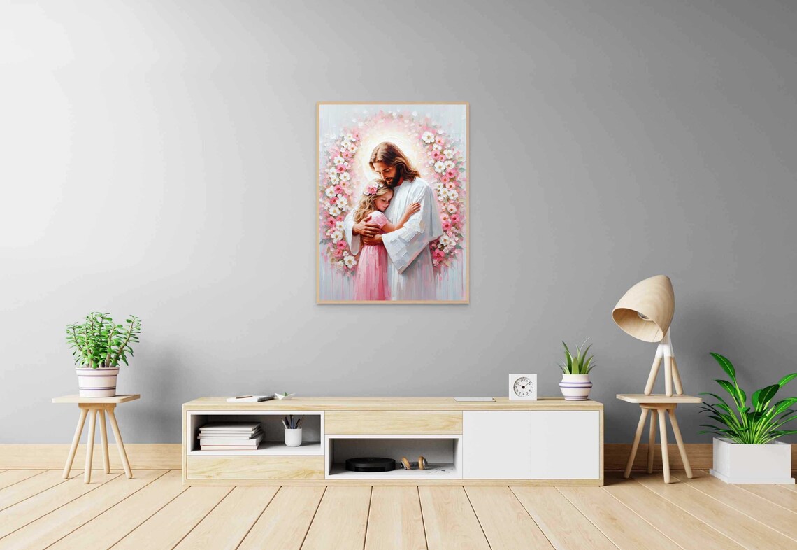 Jesus Hugging Girl Floral Heart Arch Pink White Flowers Christian Poster - Image 6
