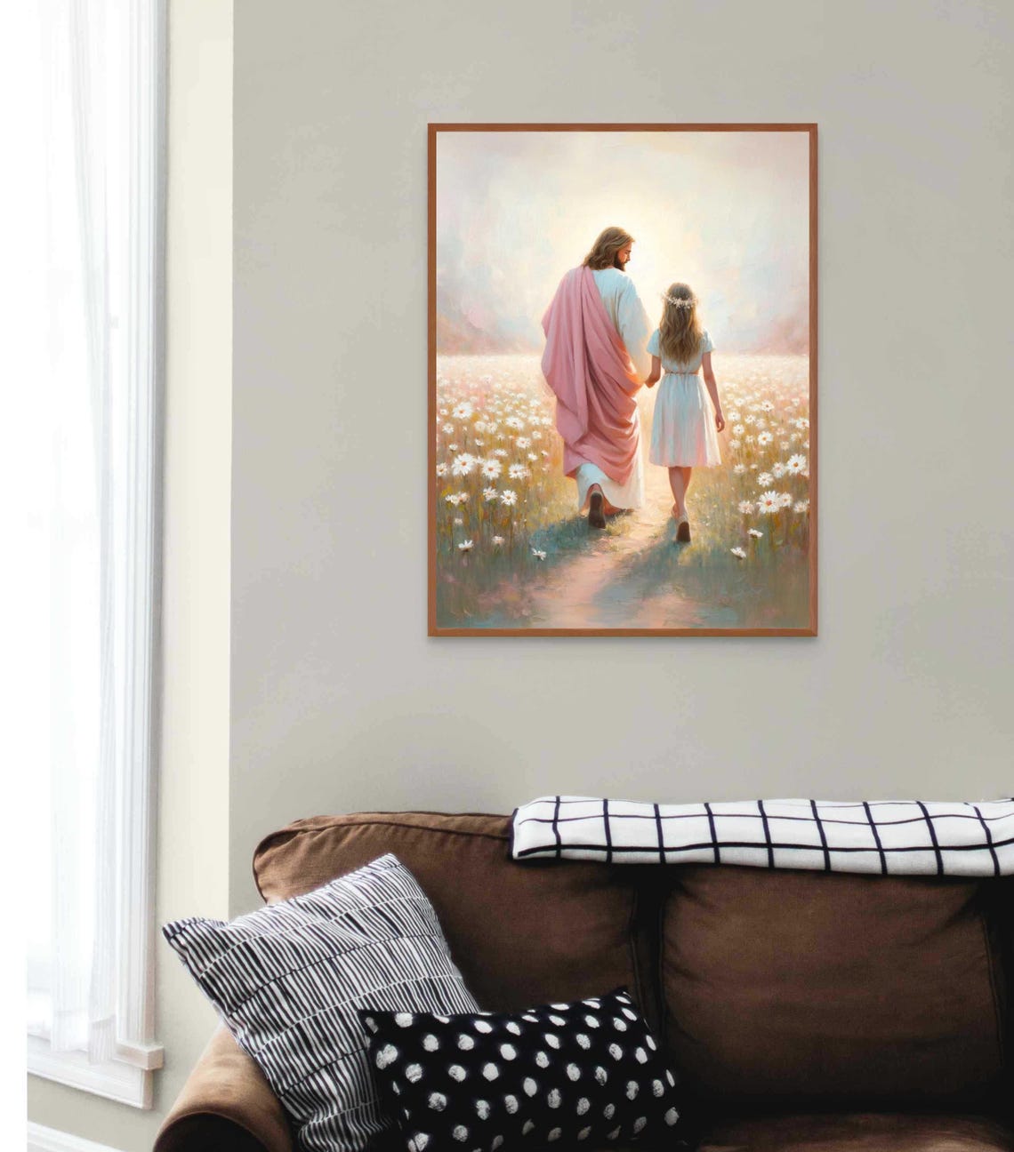 Jesus and Girl Walking Through Daisy Field in Soft Light Poster - Image 3