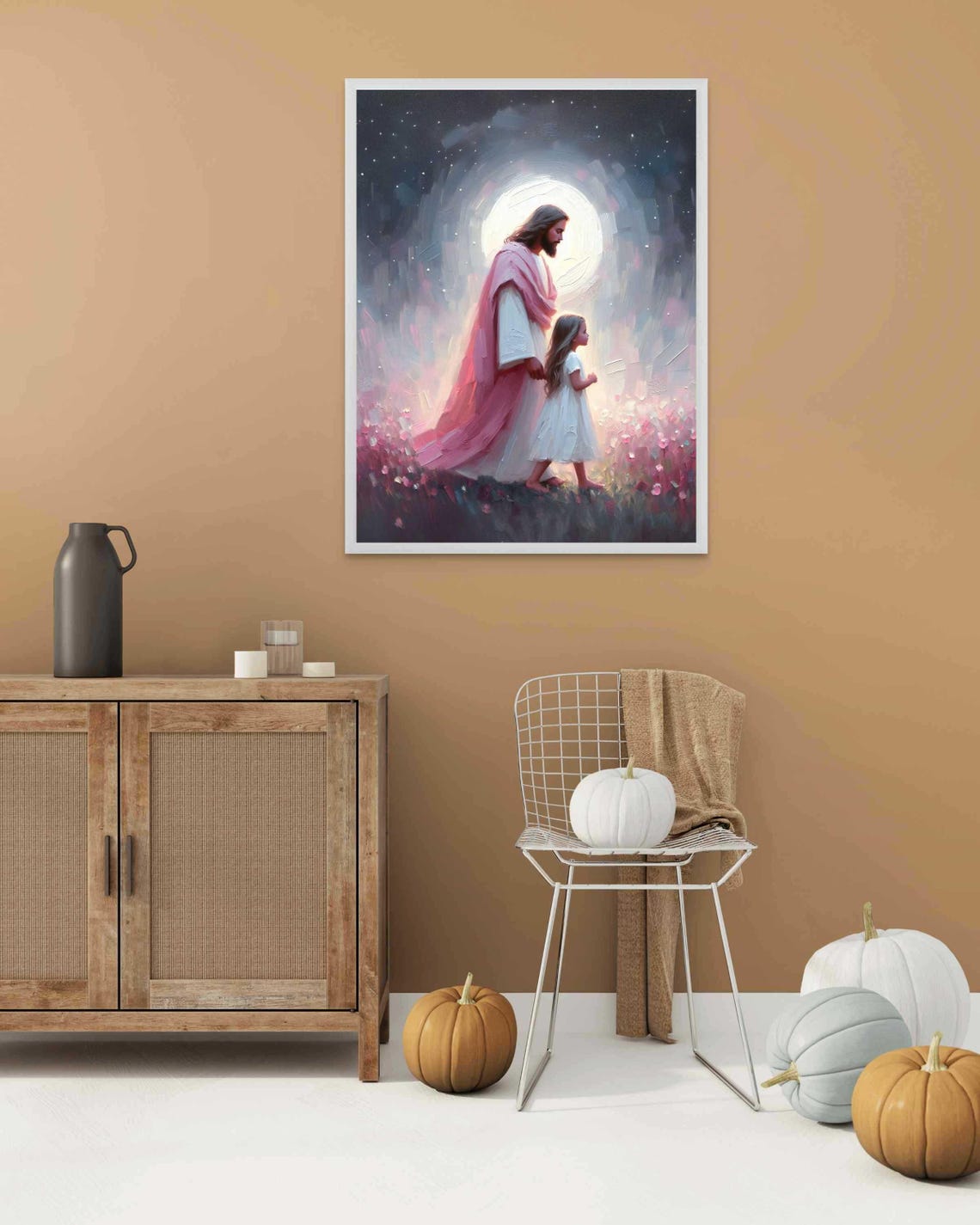 Jesus Walking With Girl Under Calm Full Moon Night Art Poster - Image 2