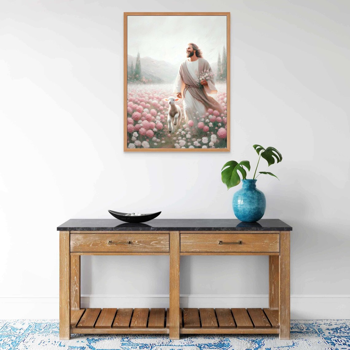 Jesus Good Shepherd Smiling Lamb Pink Flower Field Mountain Christian Print - Image 5