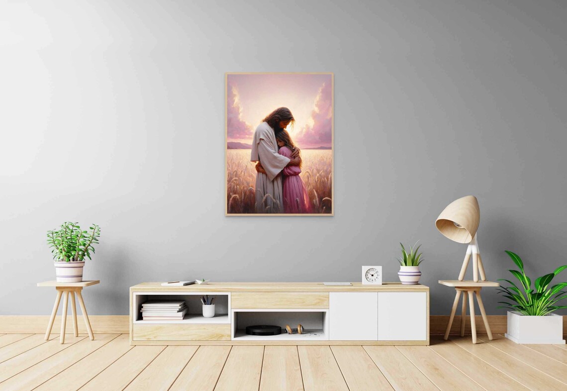 Jesus Embracing Little Girl Golden Wheat Field Sunset Christian Poster - Image 7