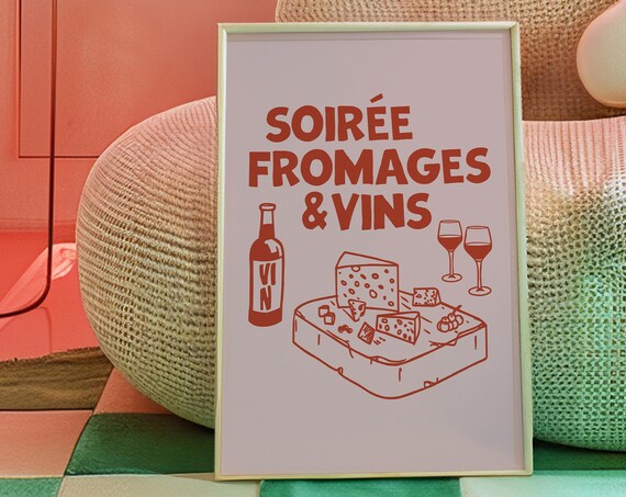 Soiree Fromages Vins Rust Red Cheese Board French Kitchen Poster