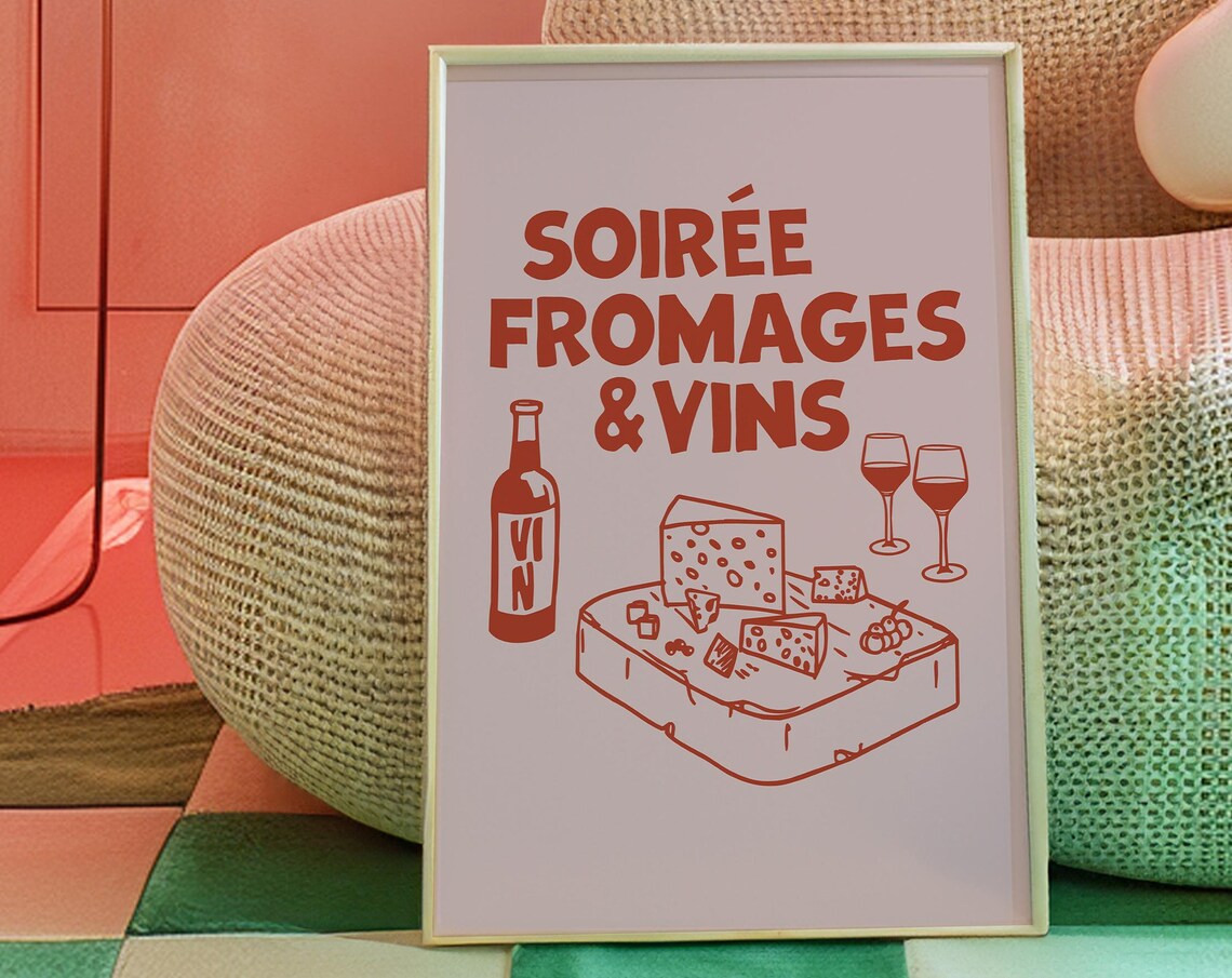 Soiree Fromages Vins Rust Red Cheese Board French Kitchen Poster