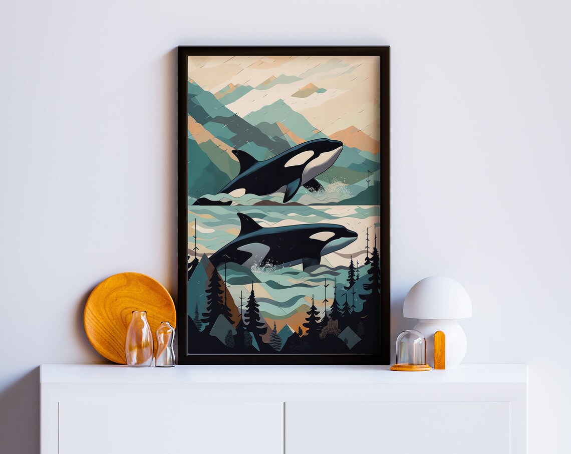 Modern Orca Whale Poster Minimalist Artwork Prints Alaska Cabin Art Deco