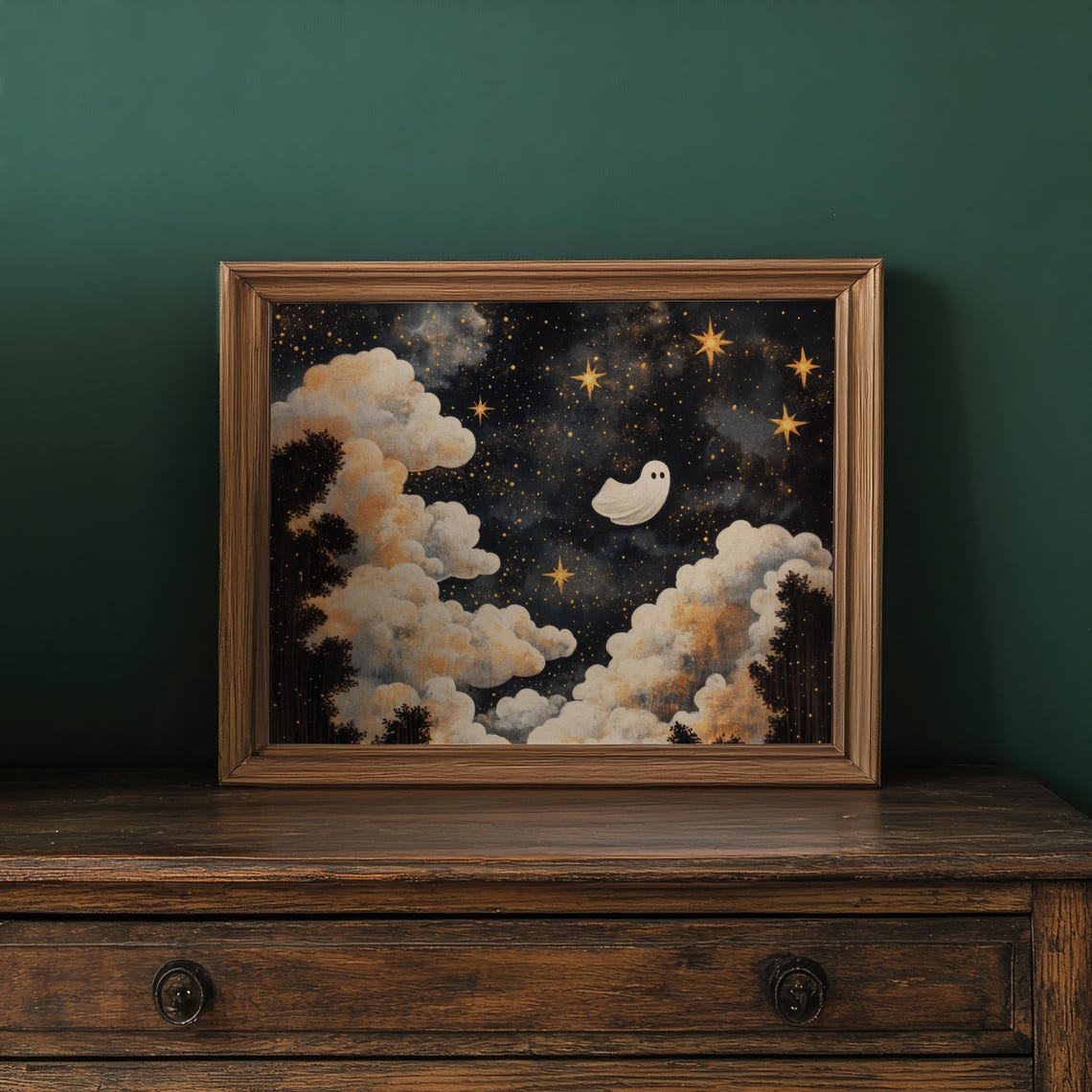 Cute Ghost Floating In Starry Night Sky Among Clouds Halloween Poster - Image 2
