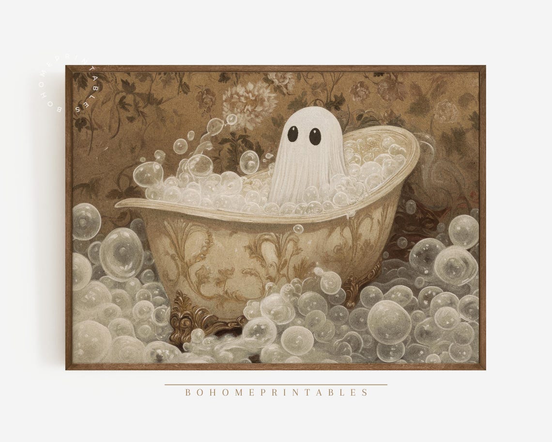 Adorable Ghost Bubble Bath Vintage Floral Wallpaper Halloween Poster - Image 2