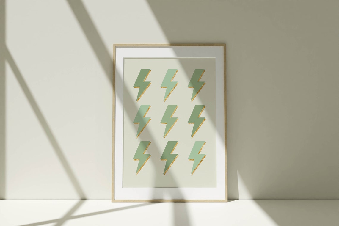 Sage Green Lightning Bolts Gold Glitter Preppy Trendy Wall Poster - Image 2