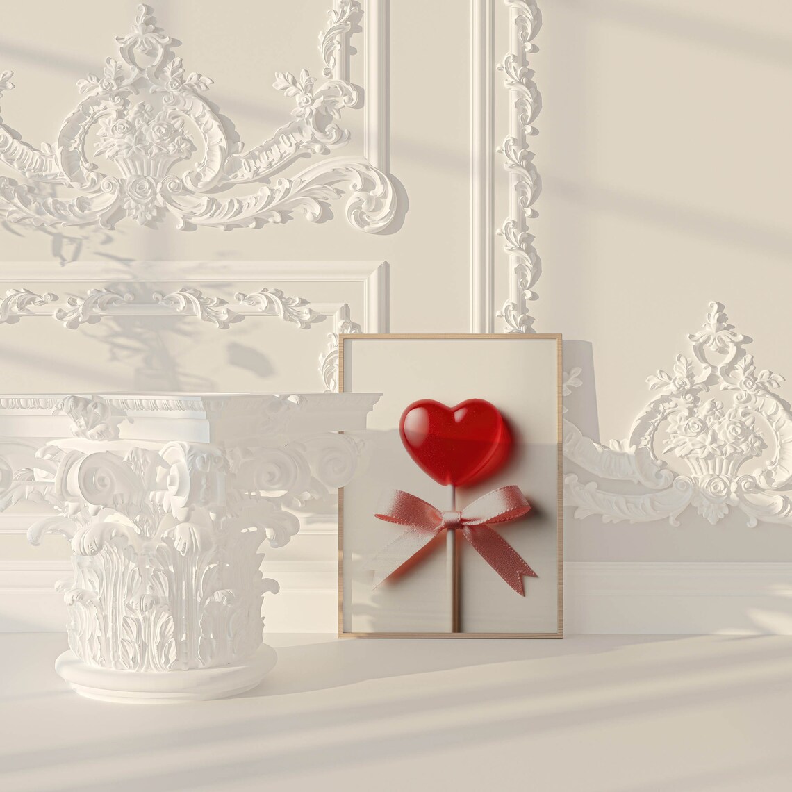 Glossy Red Heart Lollipop with Pink Bow Minimalist Sweet Art Poster - Image 2