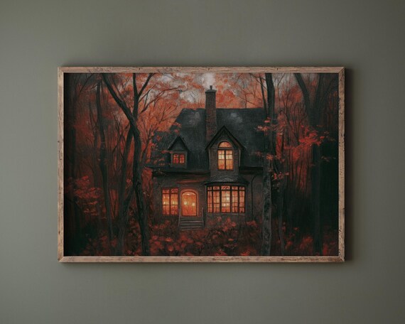 A Cozy Stone Cottage Glowing Among Red Autumn Trees at Dusk Poster