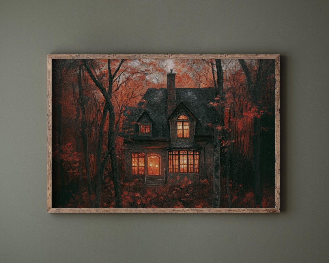 A Cozy Stone Cottage Glowing Among Red Autumn Trees at Dusk Poster