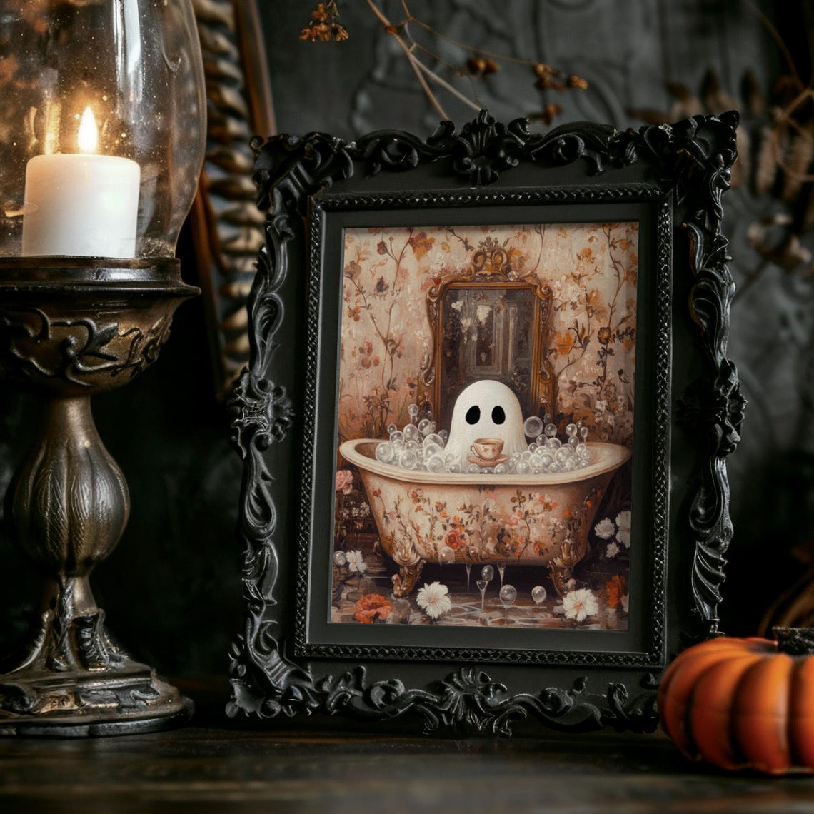 Spooky Cute Ghost in Bubble Bath Vintage Bathtub Halloween Art Poster