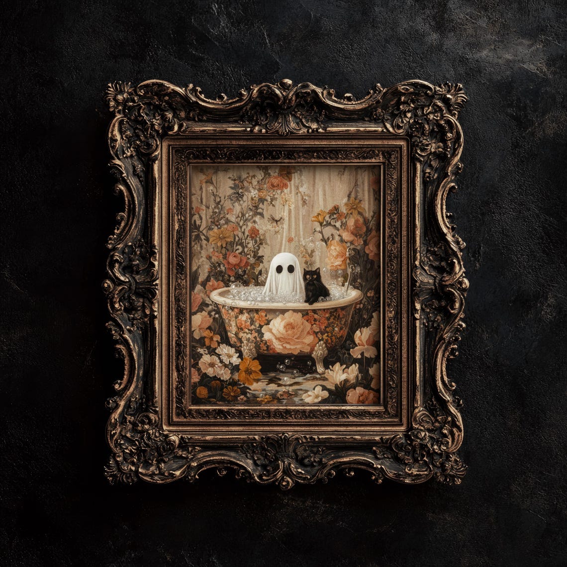Adorable Ghost With Black Cat Bubble Bath Floral Halloween Poster - Image 2