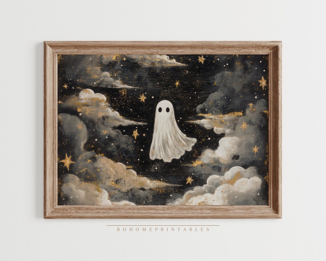 Cute Ghost Floating In Golden Starry Night Sky Cloud Scene Halloween Poster