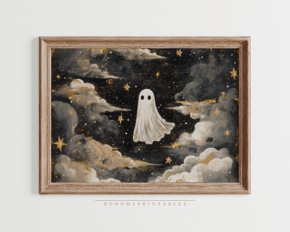 Cute Ghost Print Halloween Painting Spooky Decor Celestial Wall Art Ghost Art Print Cute Halloween Ghost Decoration Whimsical Art Print