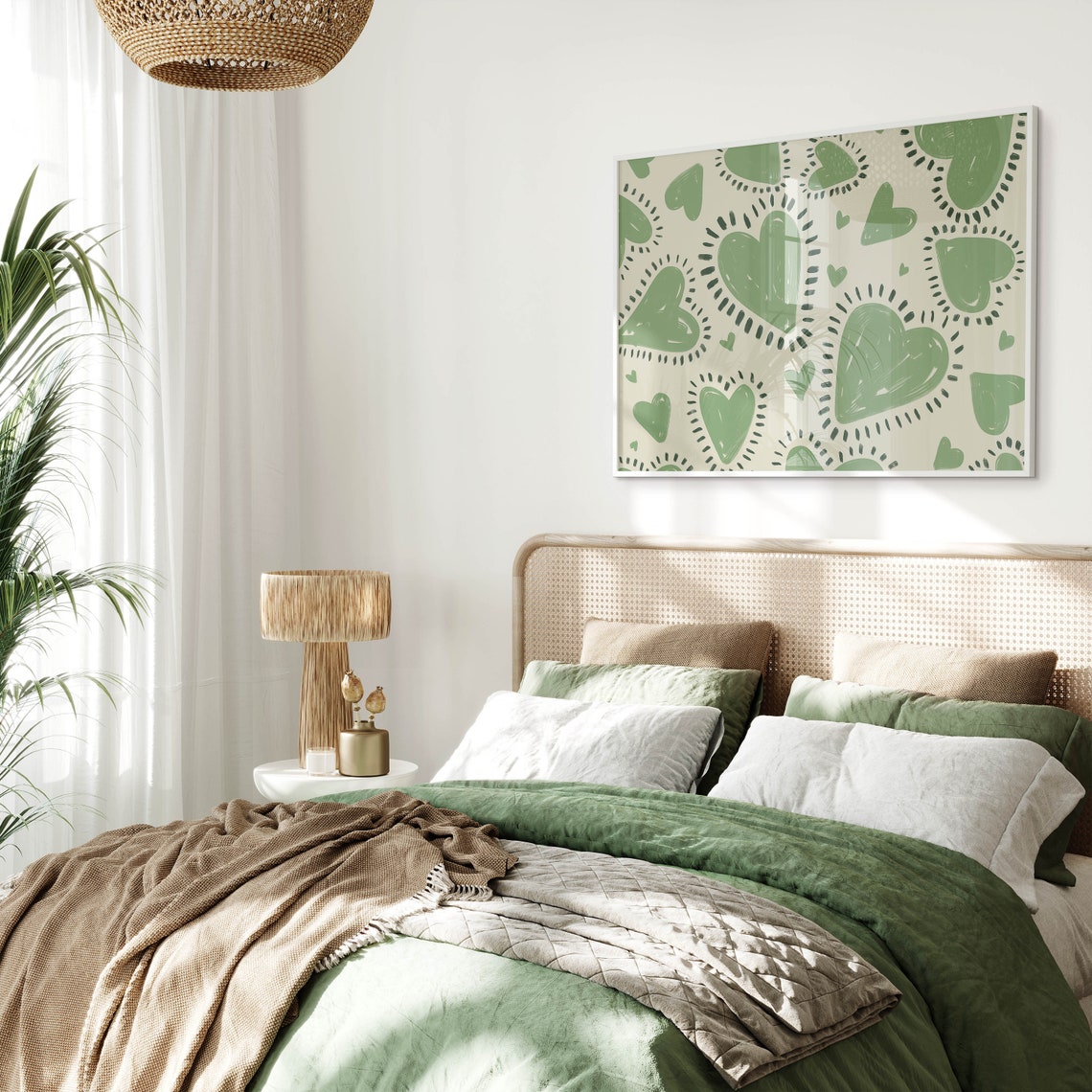 Heart Painting Sage Green Wall Art Preppy Room Decor For Girls Trendy Wall Art Girls Room Decor Horizontal Wall Art Green Bedroom Decor - Image 2