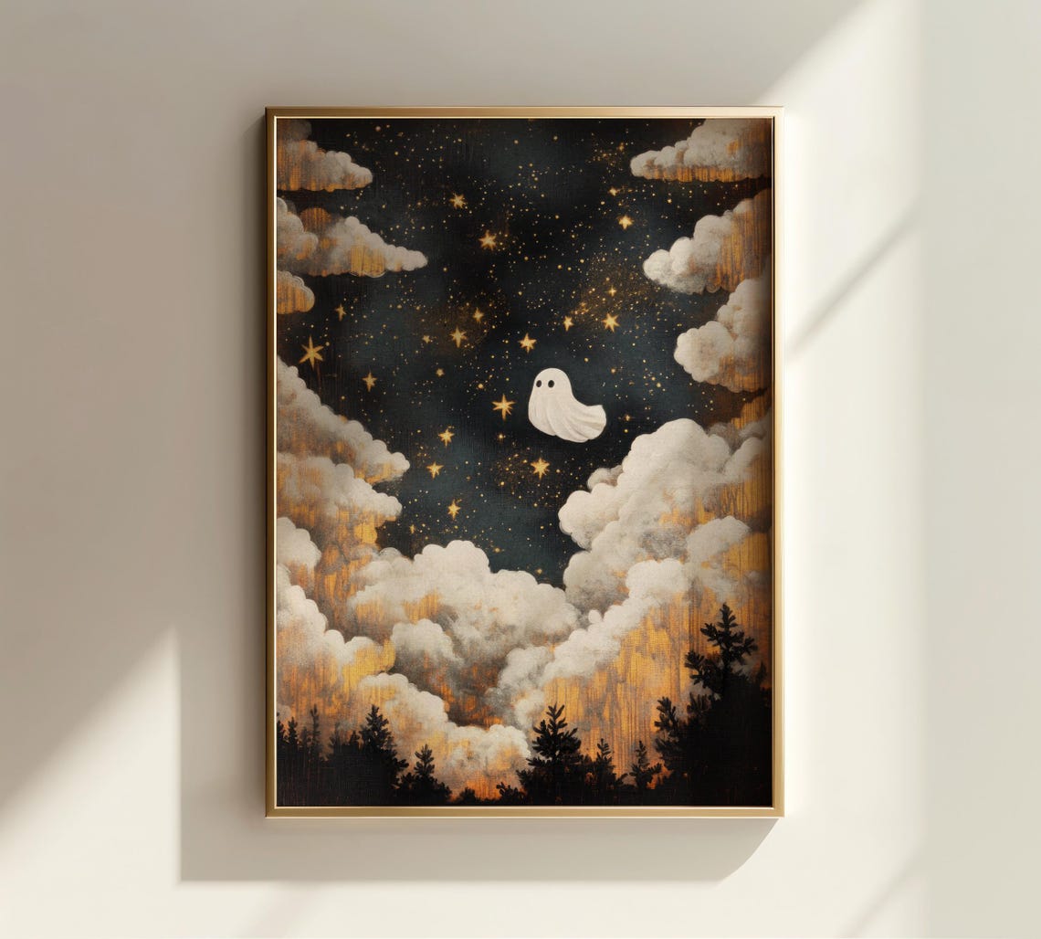 Ghost Among Stars Over Pine Forest At Night Spooky Halloween Poster