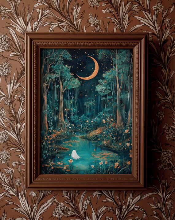 Tiny Ghost at a Moonlit Forest Pond Under a Crescent Moon Poster