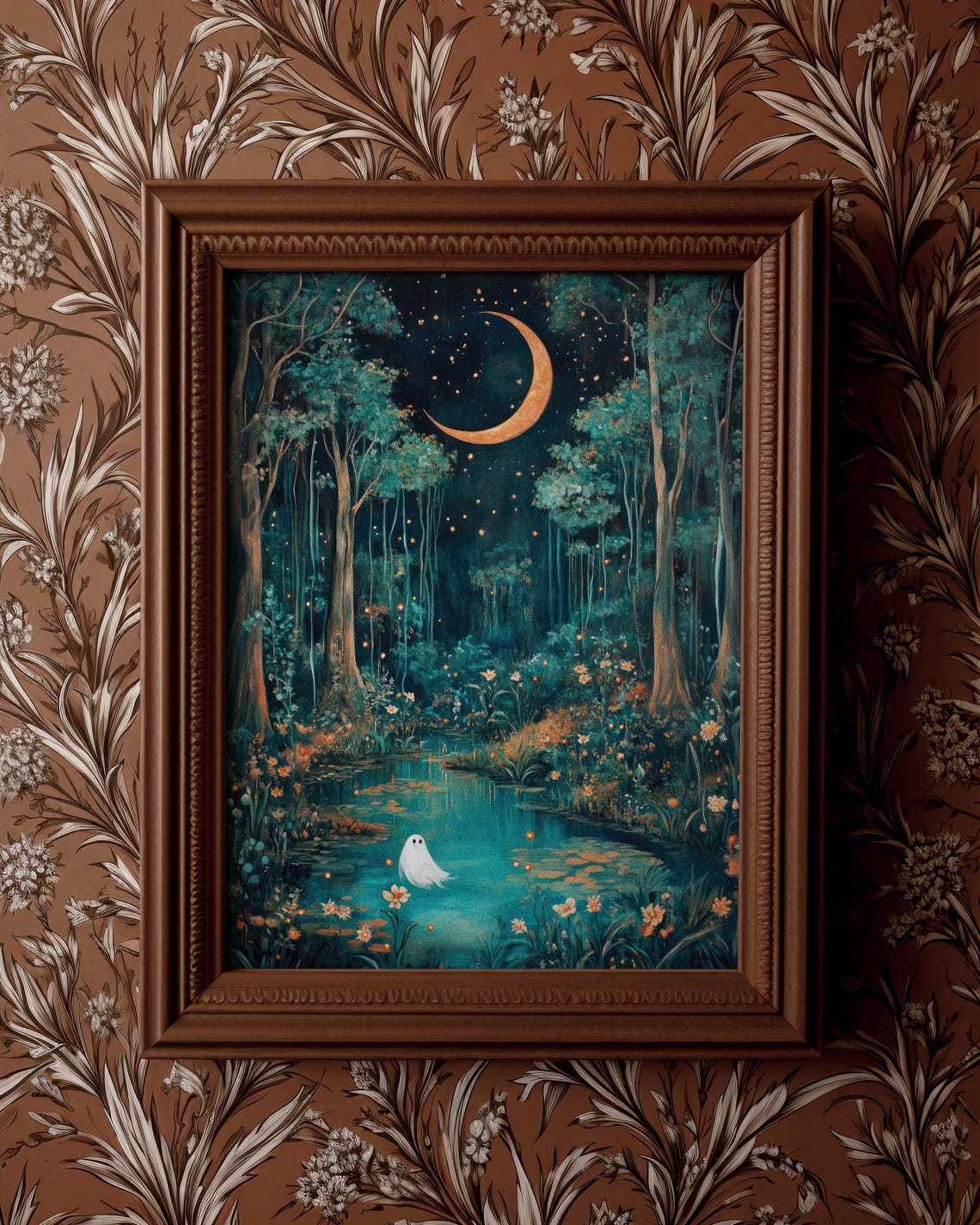 Tiny Ghost at a Moonlit Forest Pond Under a Crescent Moon Poster