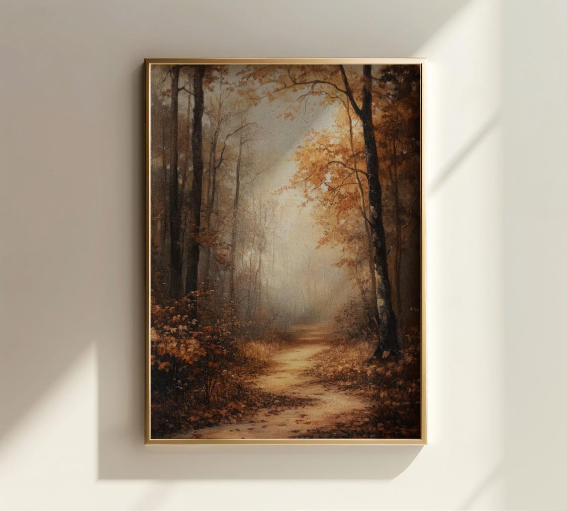 Moody Autumn Forest Path Through Golden Trees in the Mist Wall Art