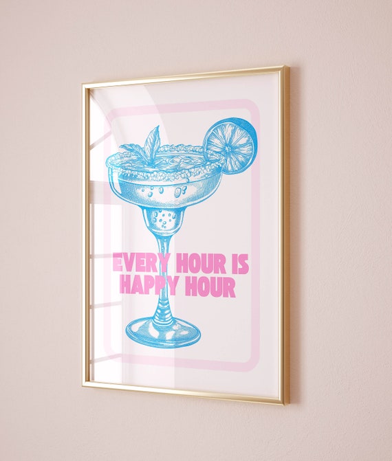Happy Hour Sign Blue Trendy Wall Art College Room Decor Aesthetic Y2k Decor Art Blue Dorm Room Decor Retro Bar Cart Wall Art