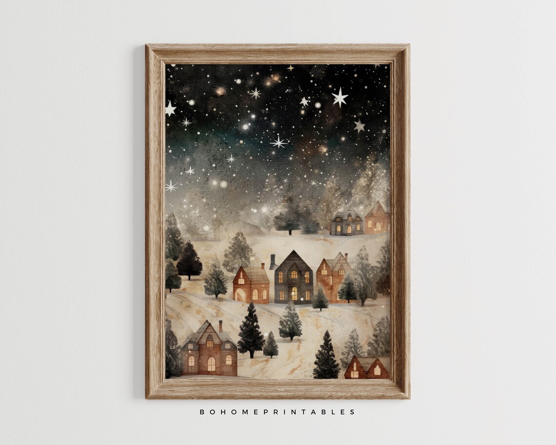 Snowy Christmas Village Under a Starry Night Sky Vintage Art Poster - Image 3