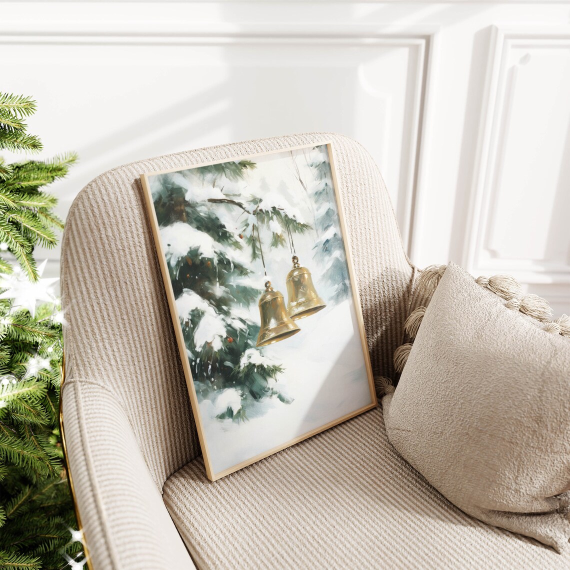 Shining Brass Christmas Bells in Snowy Evergreen Forest Art Poster - Image 2