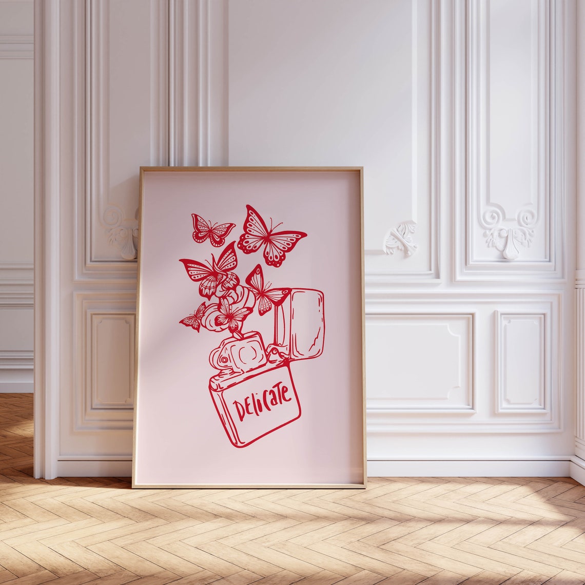 Delicate Red Vintage Lighter Butterfly Line Art Pink Retro Poster