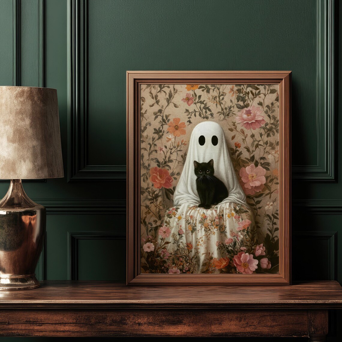 Vintage Ghost Black Cat Floral Spooky Cute Halloween Art Poster - Image 2