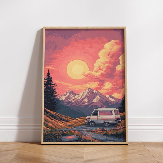 Retro 8 Bit Camping Adventure Poster Vintage Landscape Wall Art Boho Home Decor Nature Photography Print Unique Gift For Travelers