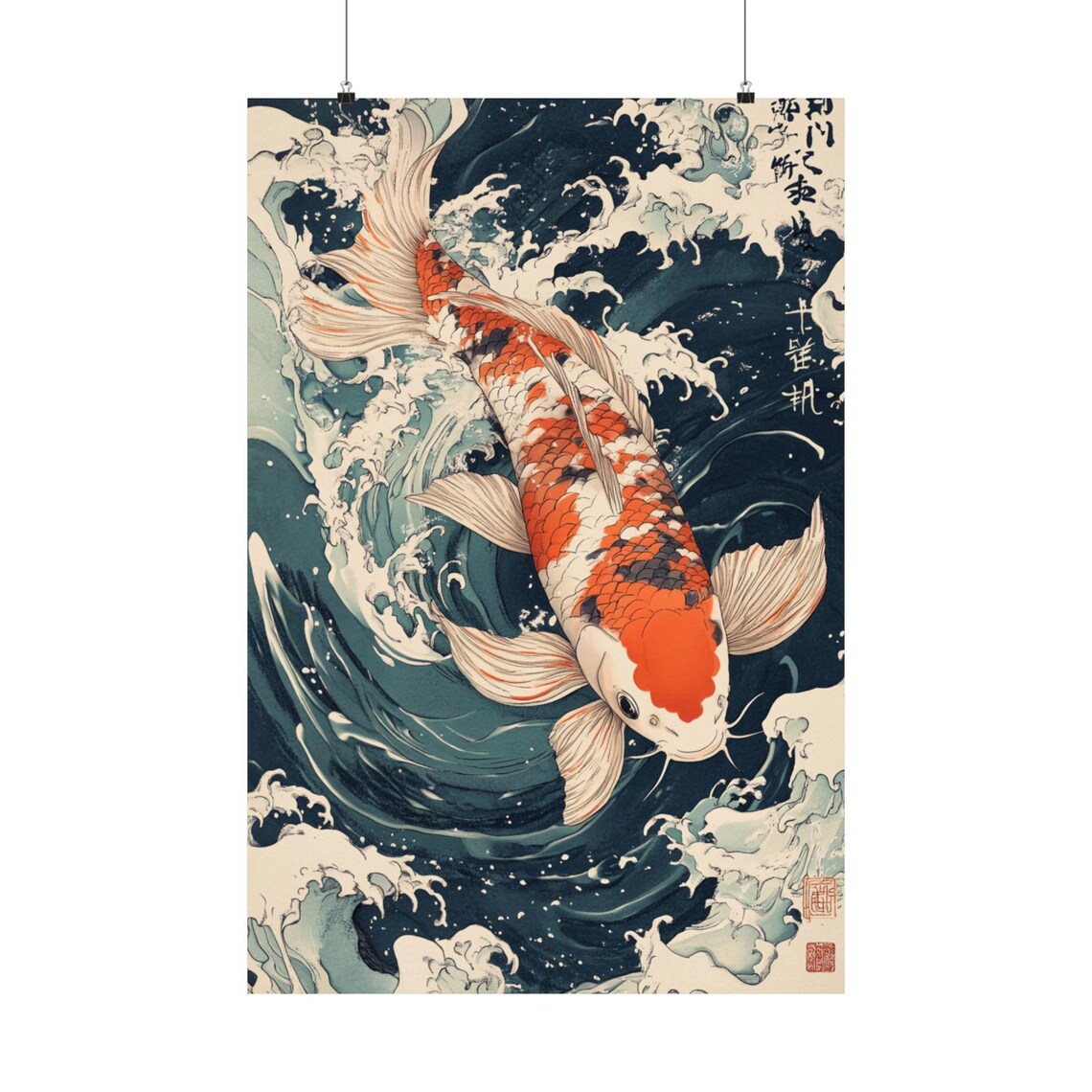 Koi Fish Swimming Through Waves Japanese Woodblock Style Art Poster - Image 2