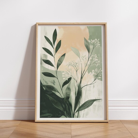 Modern Boho Botanical Wall Art Minimalist Greenery Print Neutral Plant Poster For Calm Natural Home Decor
