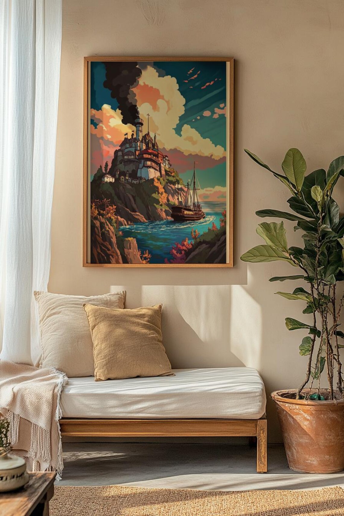 Fantasy Seaside Fortress With Tall Ship Anime Illustration Art Poster - Image 4